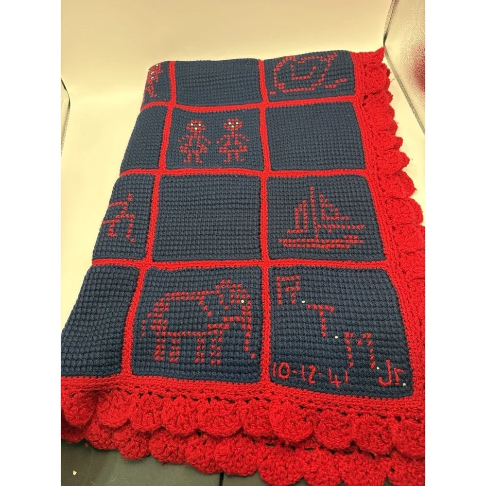 Vintage Baby Boy Quilt Blue Red Animals Handmade Pillow Case 36